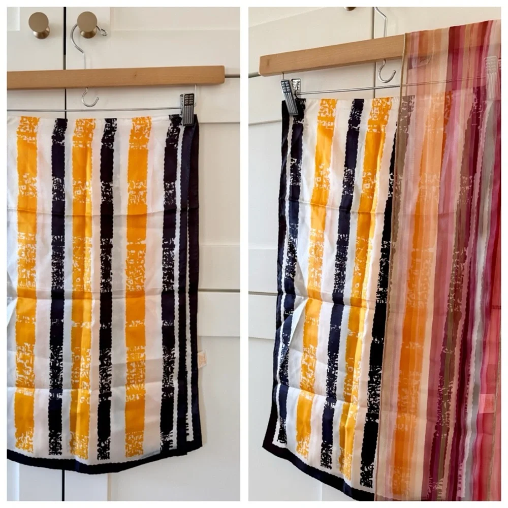 BUNDLE (2) Retro Print Scarves: Sheer Pink Stripe & Art Stripe (Mustard & Black)